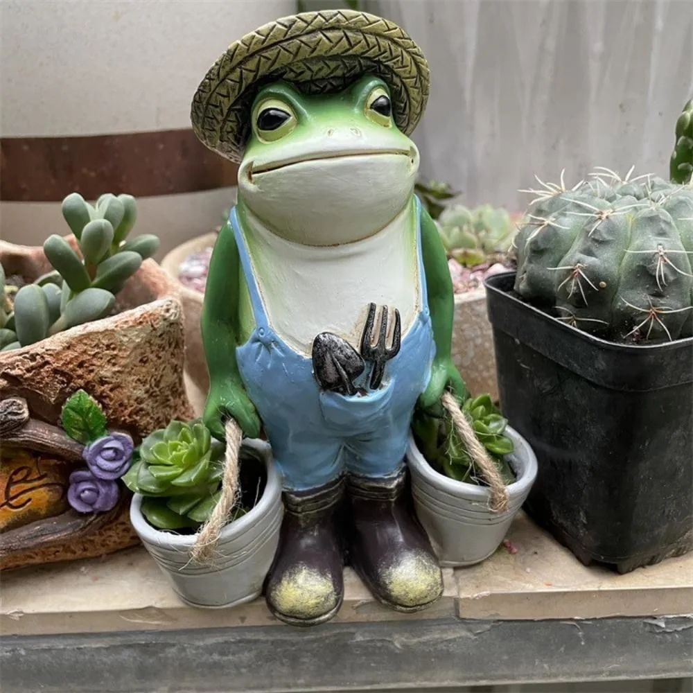 Outdoor Art Craft Decor Garden Pot Cute and Funny Green Frog Statues Resin Sculpture Yard Patios Statue Funny Figurine Decoration Household