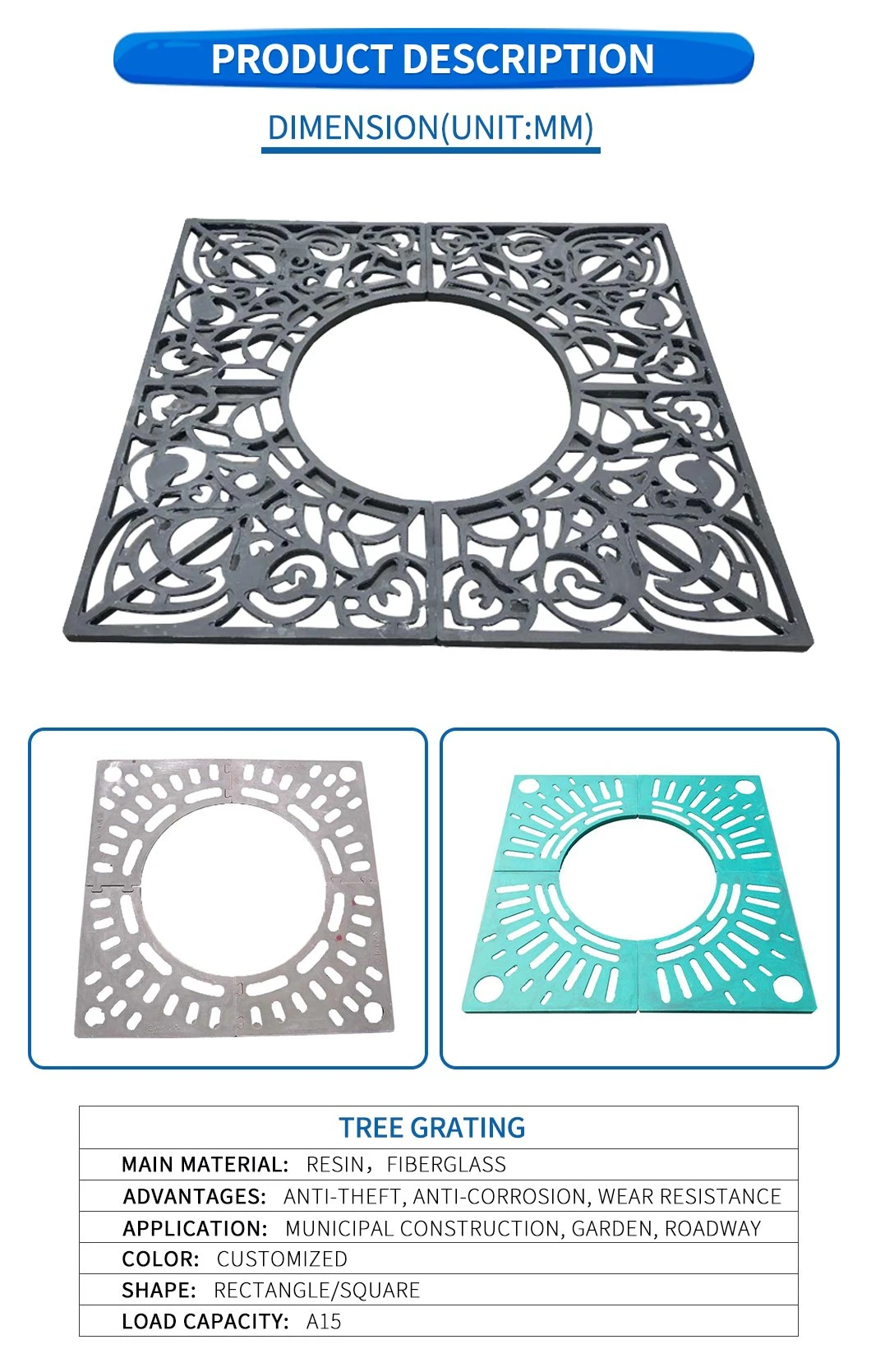 OEM Resin Composite Resin BMC/SMC/FRP Square and Round Tree Grate From China