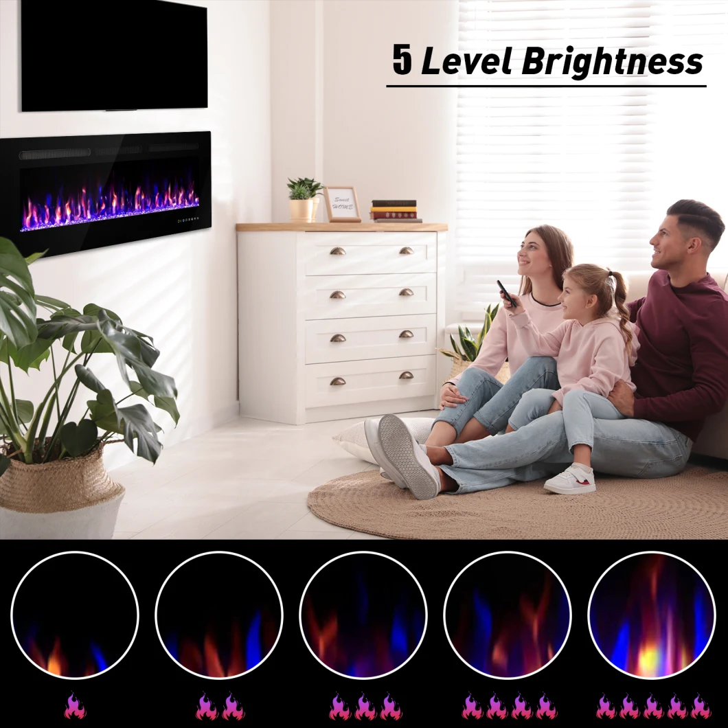 Wall Mounted or Recessed Many Flame Color Electric Fireplace Heater with Remote Control