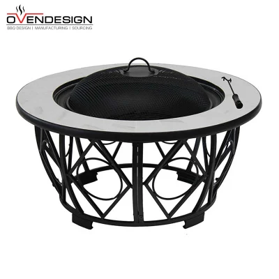 Outdoor Wood/Pellets/Charcoal Ceramic Top Round Table Fire Pit with Center Lid